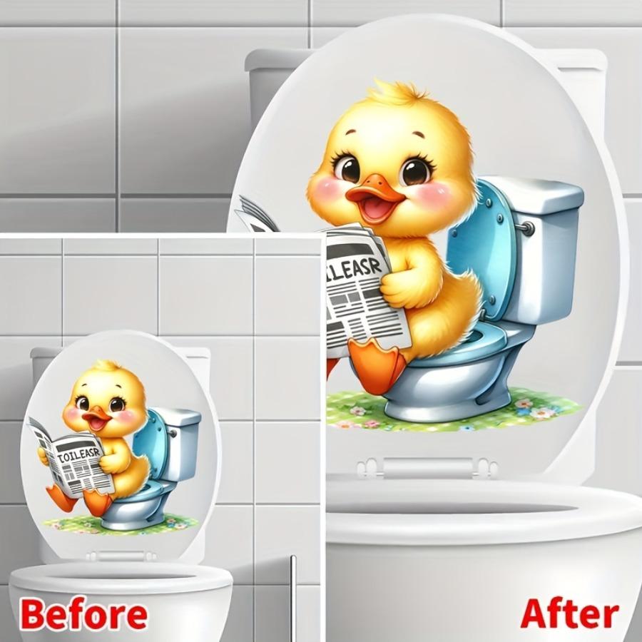 A Cute Little Duck Toilet Sticker - Bathroom Decal Featuring a Smiling Yellow Duck on a Toilet Paper Roll, Suitable for Bathrooms, Walls, And Mirrors