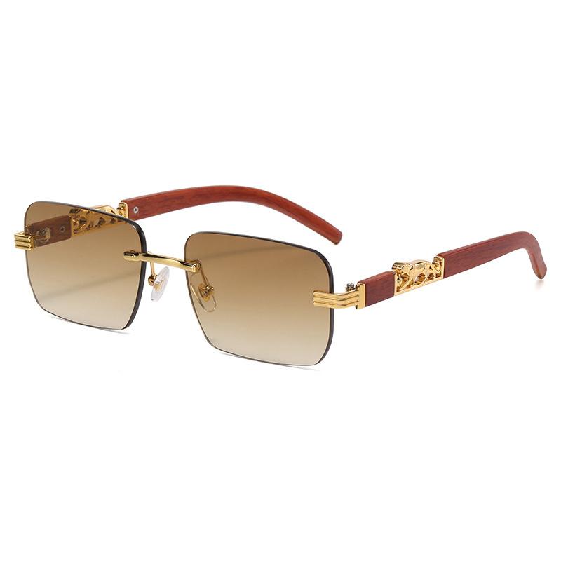 Gafas de Sol Cuadradas Vintage Sin Montura Mujer Hombre Lujo Populares Viaje Conducir Metal Cabeza de Leopardo Gafas de Sol UV400