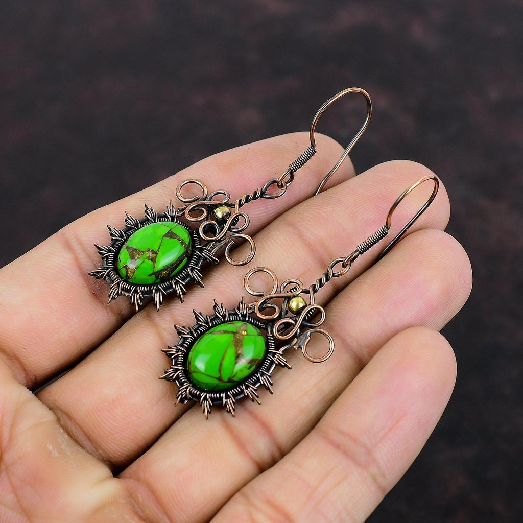 Copper Green Turquoise Earring Copper Wire Wrapped Earrings Beautiful Gemstone Jewelry Handmade Earring Anniversary Gift Copper Wire Jewelry