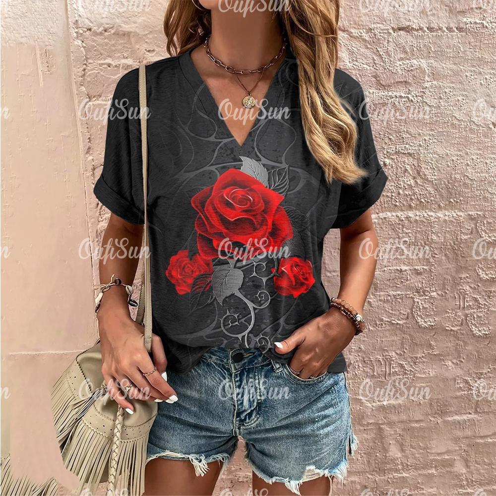 Sommer Damen T-Shirt Rosenblumen-Druck Lässig Kurzarm 3D T-Shirts Mode Streetwear V-Ausschnitt Damen Übergröße Kleidung