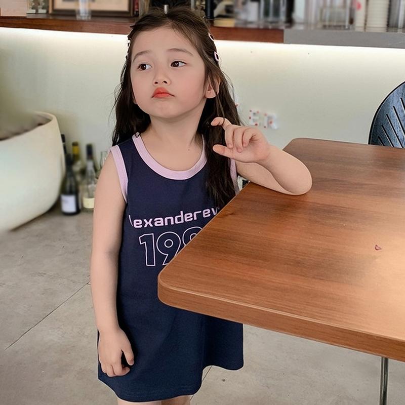 Girls Round Neck Sleeveless Dress Letter Printing Summer Cool Beach Dress