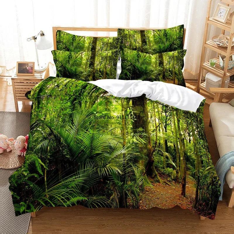 Modernes Bettwäscheset mit digitaler Waldlandschaft und 3D-Modedesign, Daunenbettbezug und Kissenbezug, 2–3-teilig, Heimtextilien