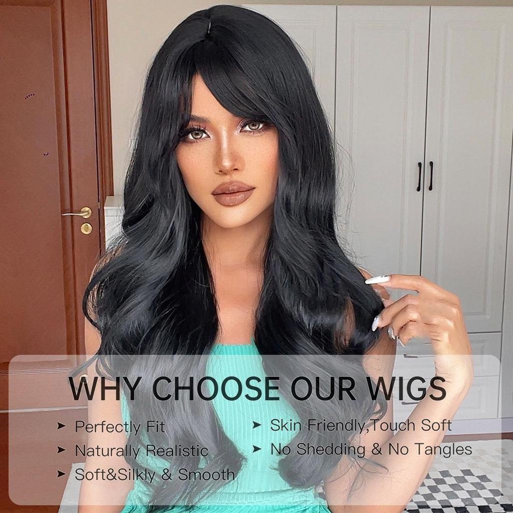 Simulierte Perücke für Damen, 66 cm, schwarzes Haar, lange gewellte Perücke, volle Kopfbedeckung, Rosenhaarnetz, Kopfbedeckung, Schönheitsdekoration, Perücke