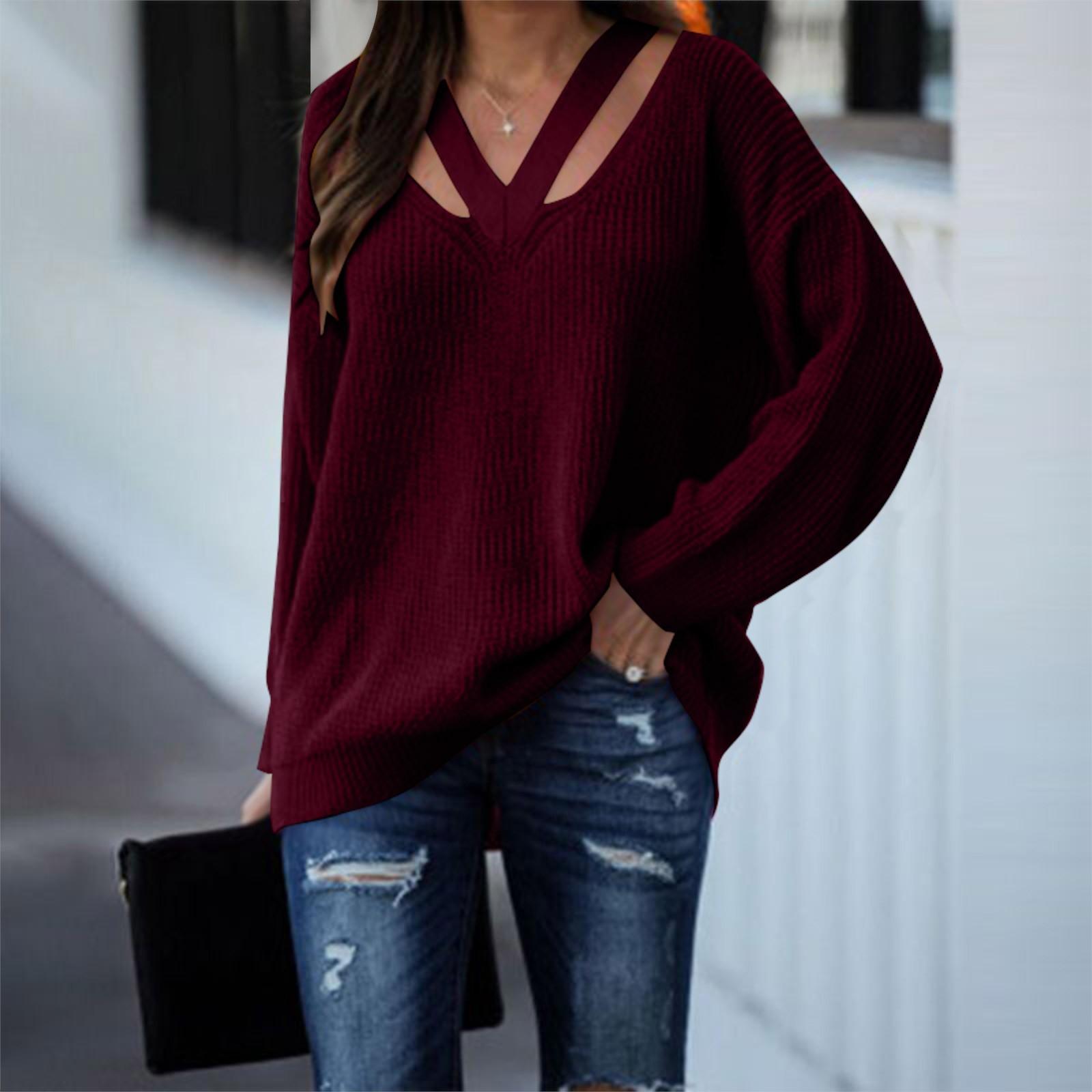 

Женский модный свободный свитер с V-образным вырезом и длинным рукавом, однотонный повседневный свитер XXL кофейный