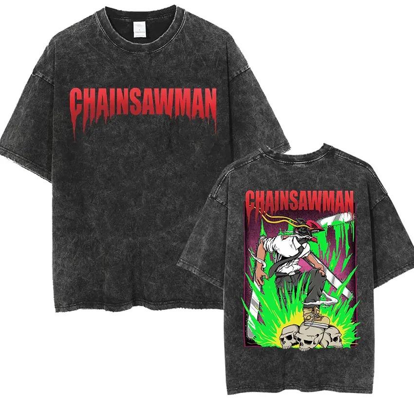Kettensägenmann Anime Bedrucktes T-Shirt Herren Damen Gewaschenes Baumwoll-T-Shirt Übergroßes Vintage-T-Shirt Harajuku Männliches Kurzarm-T-Shirt Damen Herren Kleidung