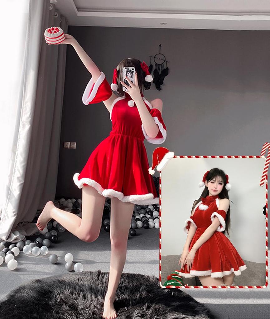 Qecyd Sexy Santa Costume with Ribbon Hair Perfect for Stage New Cultural and One Size Fits Women's Accessory, Christmas, Parties, Performances, Year's