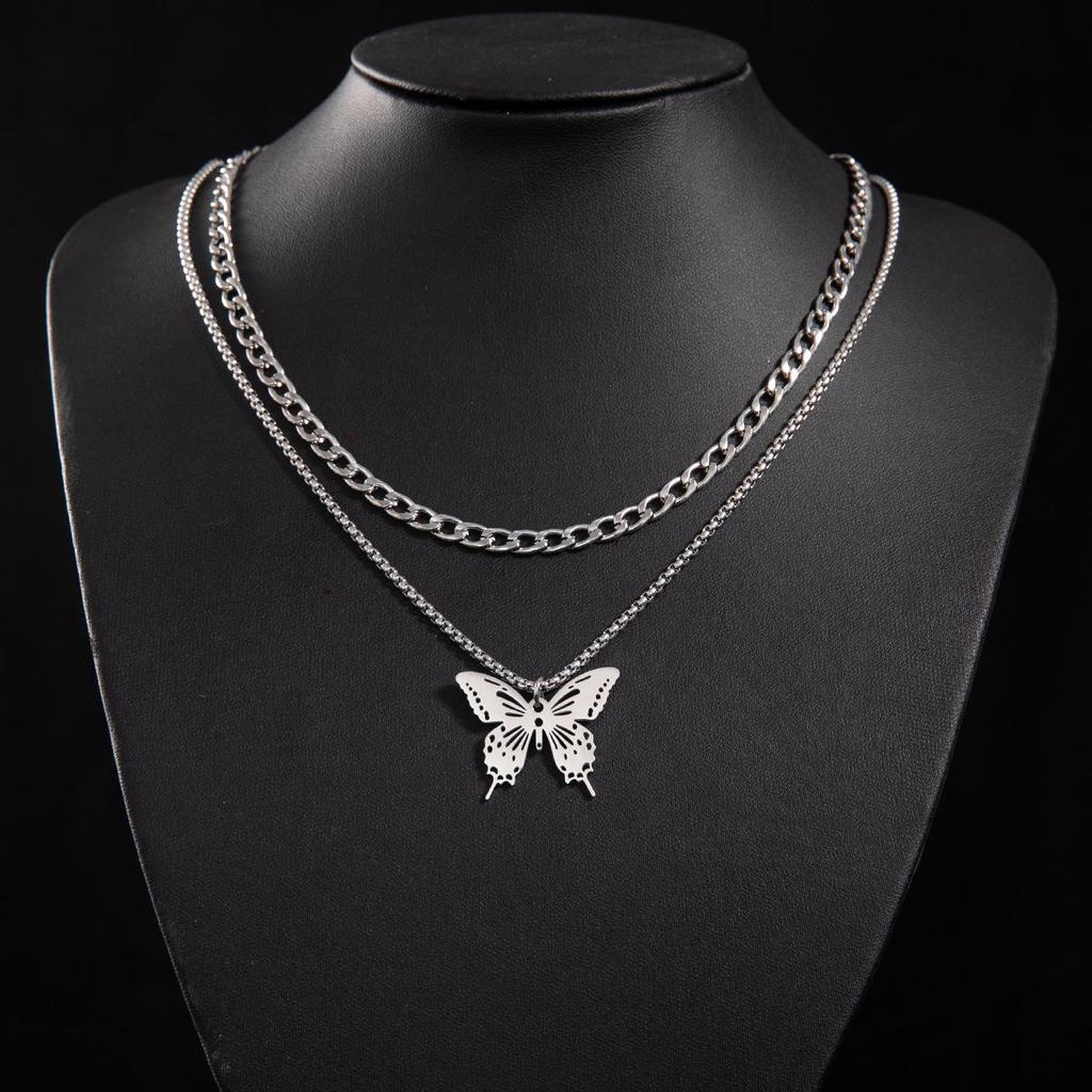 Unisex Gothic Insect Butterfly Pendant Double Layer Necklace - Non-fading Hip Hop Sweater Chain for Autumn and Winter