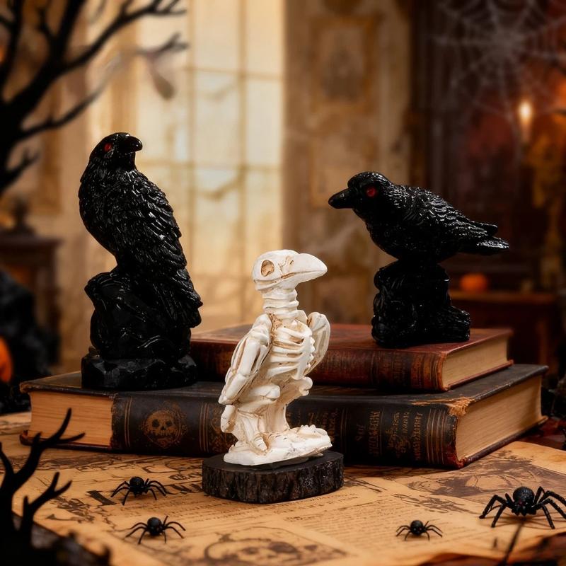 Skull Crow Miniature Model Vintage Gothic Resin Statue Tiny Ornament for Halloween Dollhouse Bar Counter Decor