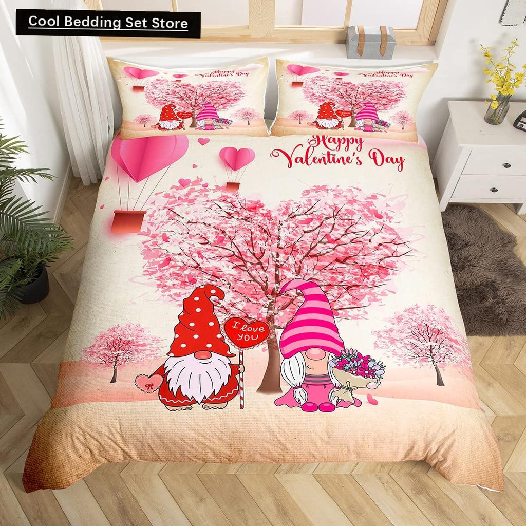Valentinstag King Bettbezug Romantisches Bettwäsche-Set Kawaii Paar Wichtel Bettdeckenbezug Rosa Rosen Herzen Polyester Steppdeckenbezug