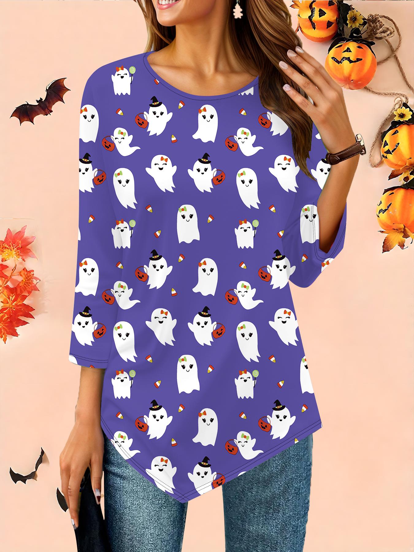

Женская свободная футболка с круглым вырезом и рукавом три четверти, 3D-рисунок на Хэллоуин, идеальный подарок на Хэллоуин и Рождество 8XL синий