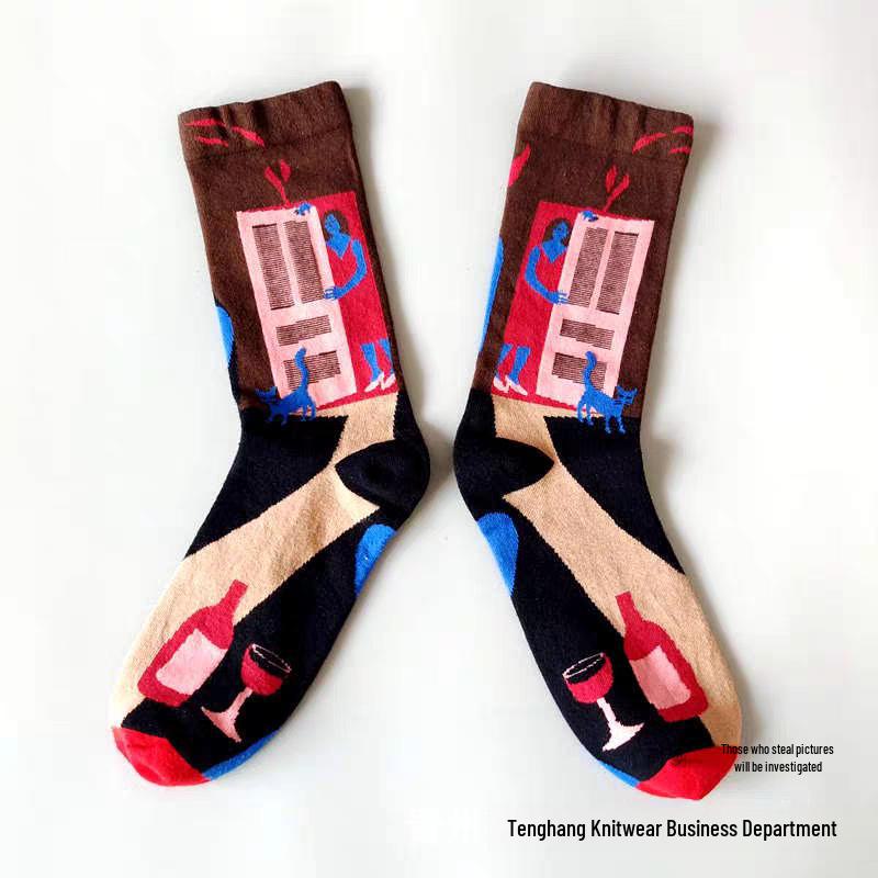 

Модные французские носки с масляной живописью: Красочные, средней высоты, нишевые женские модные носки до щиколотки One Size