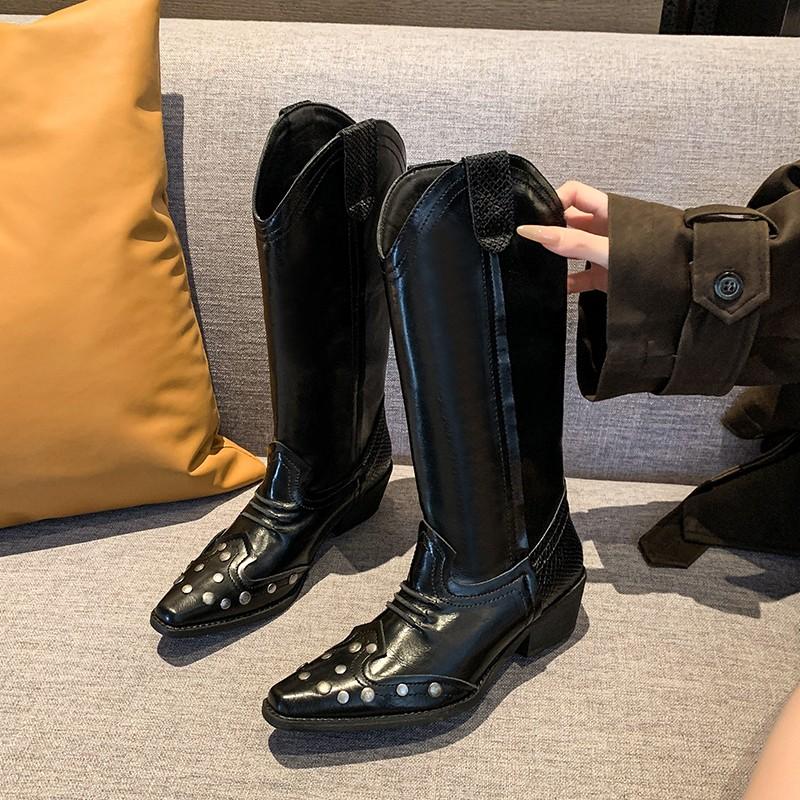 Fashion High Boots Autumn New Pointed Toe Spliced Rivet Soft Sole Anti-Slip Wear-Resistant Block Heel Single Boots