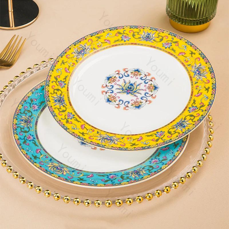 Emaillefarbe Retro Speiseteller Chinesischer Palaststil Keramikteller Haushalt Obst Dessert Tablett Frühstück Exquisites Geschirr