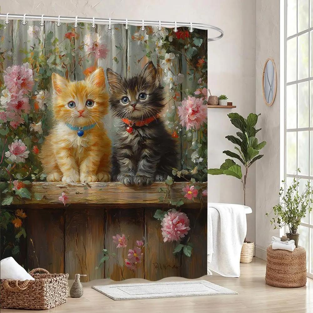 Polyester Bath Curtain - 70x70 Inches, Orange & Gray Kittens with Pink & White Flowers, Realistic Whimsical Design, 12 Hooks