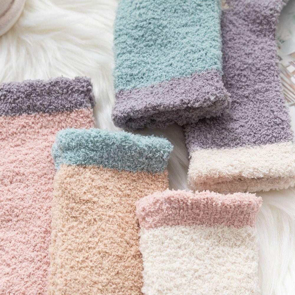 5Pairs Thickened Coral Fleece Socks Patchwork Warm Boat Socks Women  For Female Men
