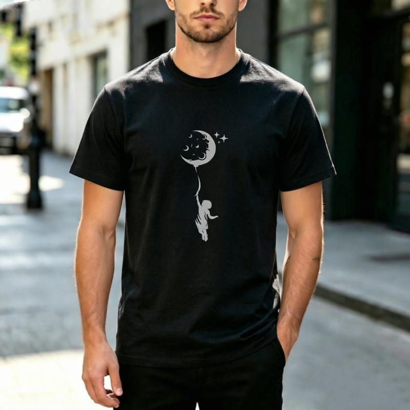 Minimalist Silhouette Art Kid Hanging Moon Balloon Star Graphic Short Sleeve T Shirt Unisex Unisex Cotton Daily Dream Street Casual