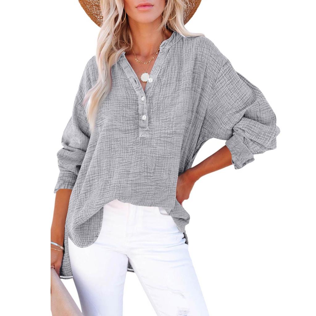 Women’s Fashion Loose Fit Long Sleeve Pullover Shirt Top with Button Front and Ruched Detailing for Casual Wear