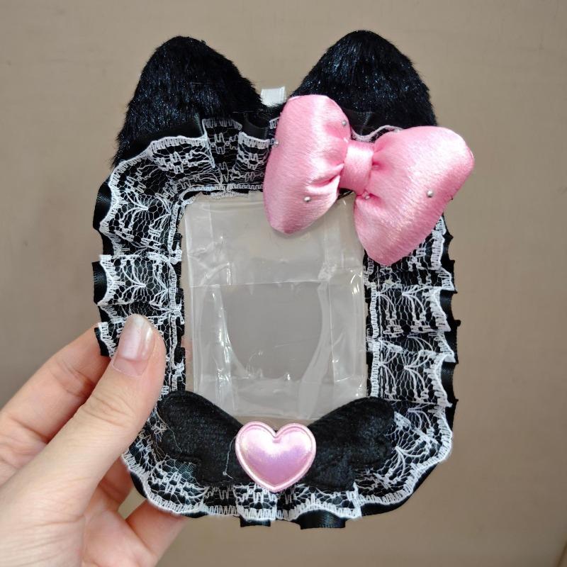 Cute Cat Ears Photocard Frame with Pearl Chain Handmade Lace Kpop Idol Card Holder 3 Inch Card Sleeves for Girls Bag Pendant New