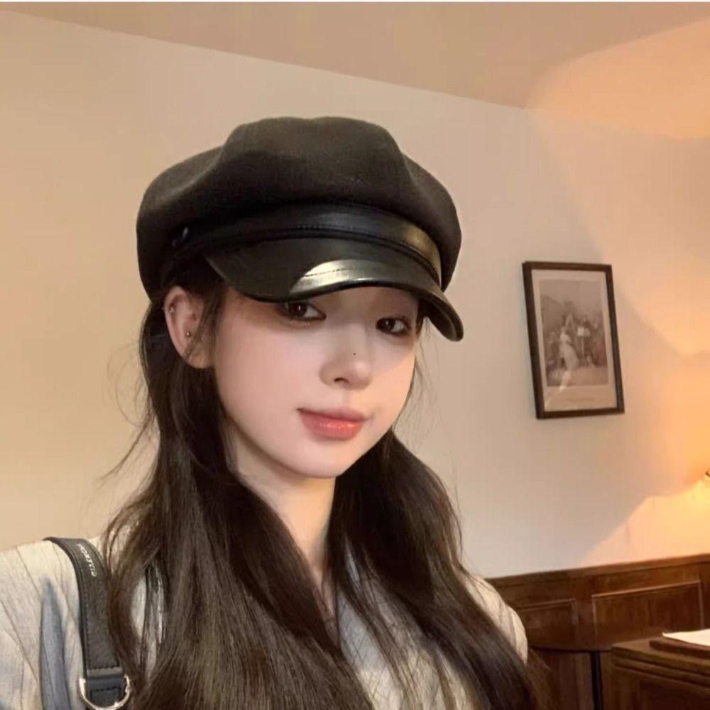 Retro Wool Octagonal Hat Korean Style Painter Hat Retro Pu Leather Beret  Outdoor