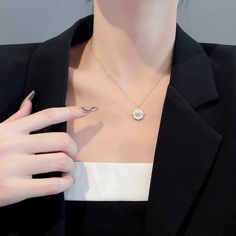 DIEYURO Stainless Steel Fashion Personality Geometric Zircon Necklace Shell Flower Pendant Hong Kong Clavicle Chain Gift
