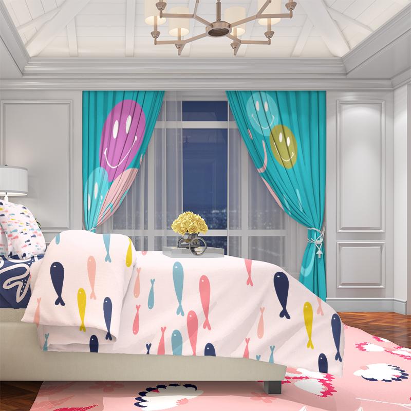 2 Stück - Vorhang mit blauem Smiley-Druck - Polyestermaterial - geeignet für Schlafzimmer, Wohnzimmer, Arbeitszimmer, privaten Bereich