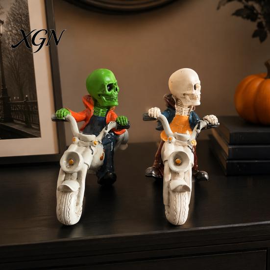 Cool Desk Figurine Halloween Skeleton Riding Motorcycle Figurine, Gothic Spooky Statue for Home Niche Collection Ornament Garden, Resin Biker
