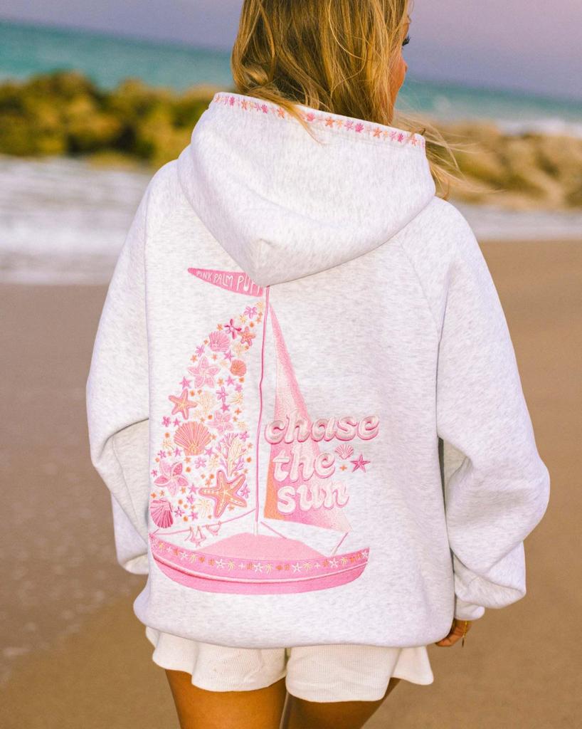 2026 Cross Border Embroidered 'Chasing the Sun' Hooded Sweatshirt: European Size, Drop Shoulder Design