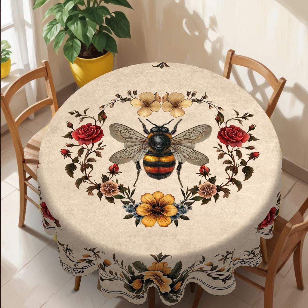 Tovaglia Floreale Vintage a Tema Api, con Rose Eleganti e Delicate e Altri Fiori, Stampe di Api Realistiche, Bordi Goffrati, Impermeabile, Antirughe