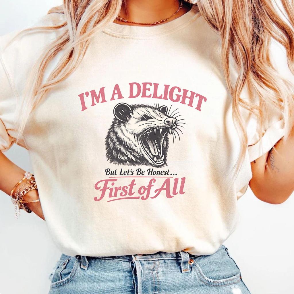 I'm a Delight Comfort Colors® T-Shirt, First of All, Vintage Possum Tshirt, Funny Women's Aesthetic Tshirt Funny Retro Shirt, Graphic Tee