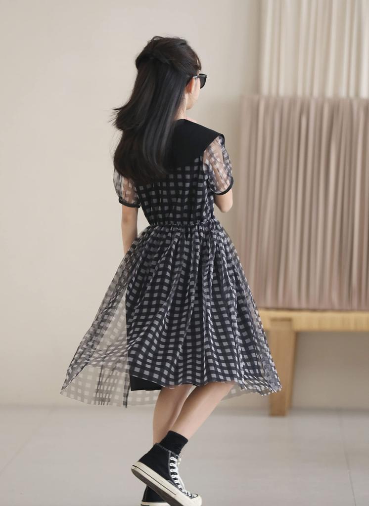Weileenice Black Size Short Sleeve Checkered Elementary School Entrance Memorial Formal Korean Short Summer Children's Dress, 140, Pattern, Girls'