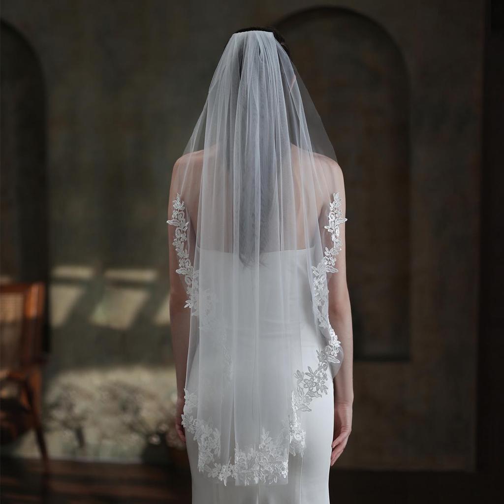 Xinmeiji Women's White Lace Edge Bridal Veil, European & American Style, Single Layer, Wedding & Travel Headpiece V683-1