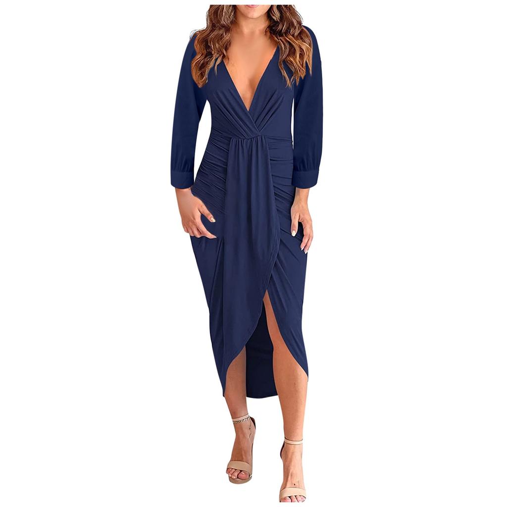 Womens Temperament Color V-Neck Pleated Hip Slit Long Sleeve Dress