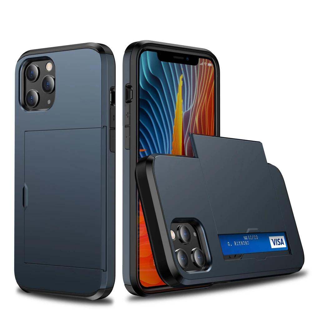 Armor Slide Card Case For iPhone 15 14 13 Pro Max 12 Mini 11 12 Pro Max XS Max XR X Card Slot Holder Cover Wallet Slide Cover