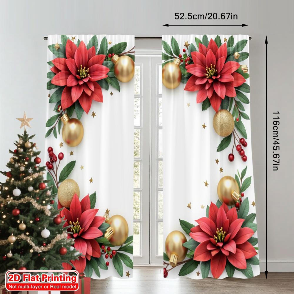 2pcs 2D Flat Printing Christmas Window Curtains Christmas Poinsettia Holly Ornaments 100% Polyester Without Electricity Holiday