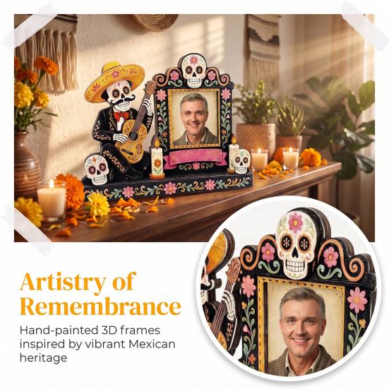 Bunte Festival Tischdekoration Totentag Fotorahmen, Lebendiger Blumiger Zuckerknochen Muster Druck, Dia De Los Muertos Tischdisplay Mexikanische Katrina