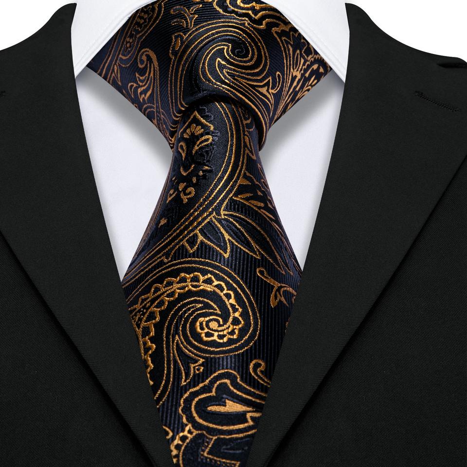 Barry.Wang Brosche mit Krawatte für Herren, goldfarben, schwarze Paisley-Seide, Krawatte, Einstecktuch, Manschettenknöpfe