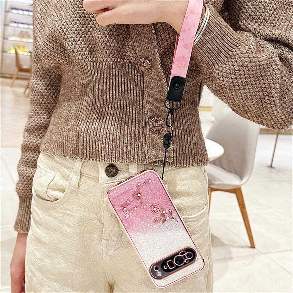 Gradient Flower Long Lanyard Soft Case For Google Pixel 9 Pro XL 6pro 8Pro 7Pro 7A 6A 8A Pixel 8 7 9 9XL 9pro Wrist Strap Cover