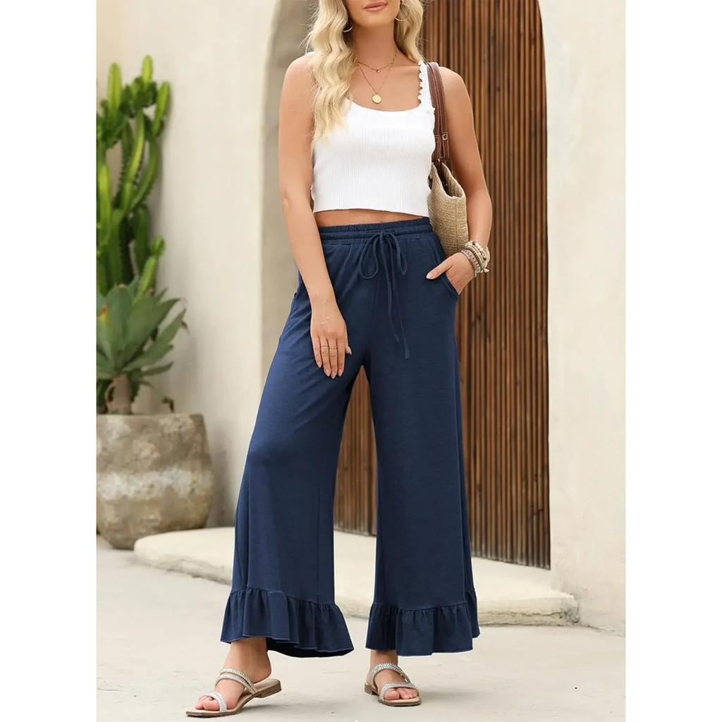 Summer New Loose Casual Thin Home Pants Women's Nine Points Pants Can Wear outside Lotus Leaf Edge Pants Comfortable Home Clothes