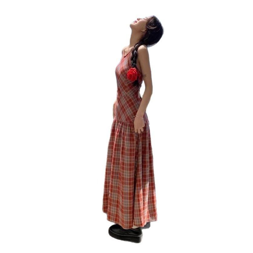 Red Plaid Neck Suspender Dress Women's Summer Temperament Backless Strap Waist Thin Seaside Vacation Dress