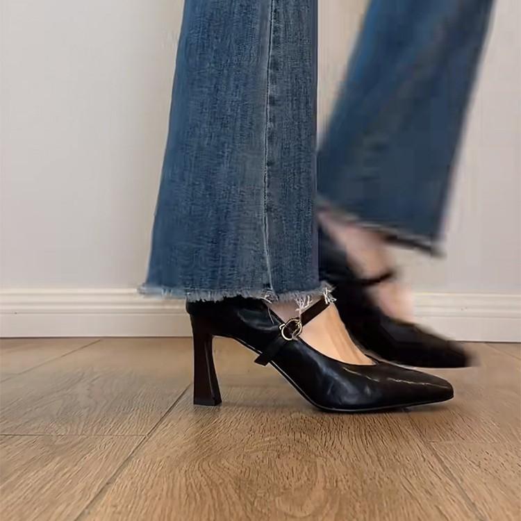 French Soft Leather High Heels Women's Retro Style Minimalist Black One-word Buckle Mary Jane Shoes with Skirt Thick Heel Single Shoes