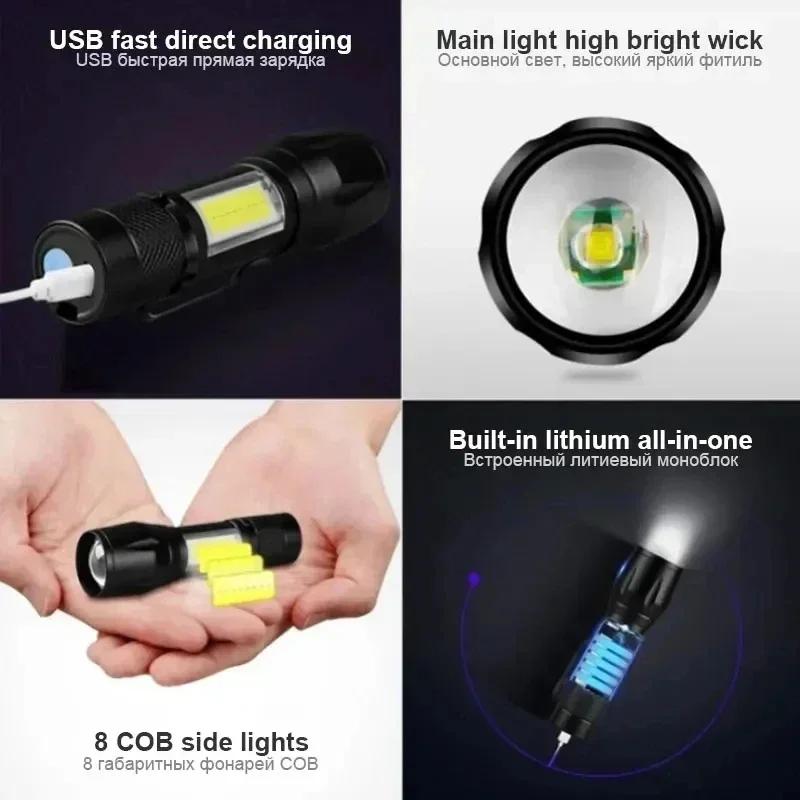 Ultra Bright Portable LED Flashlight COB+XPE Mini Zoom Torch USB Rechargeable Outdoor Camping Emergency Flashlights Lantern