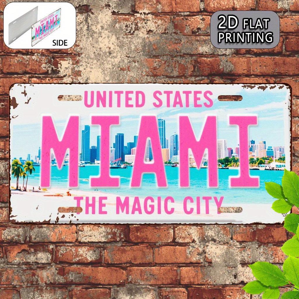 Miami The Magic City USA Vintage License Plate Style Aluminum Metal Sign Retro Florida Beach Skyline Travel Souvenir Wall Ar