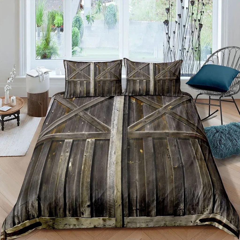 Rustic Wooden Barn Duvet Cover Set Wood Rustic Bedding Set Full King SizeFarm Farmhouse Comforter CoverPlank Wall Quilt Cover