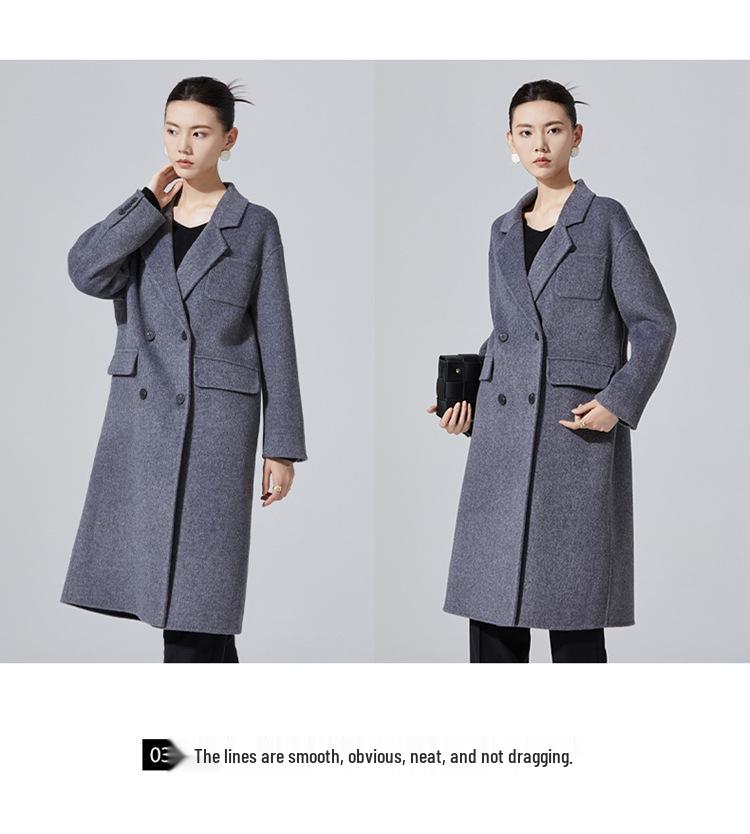 2024 Autumn/Winter Women's Mid-Length Double-Breasted Wool Coat - Versatile Solid Color Commuter Outerwear