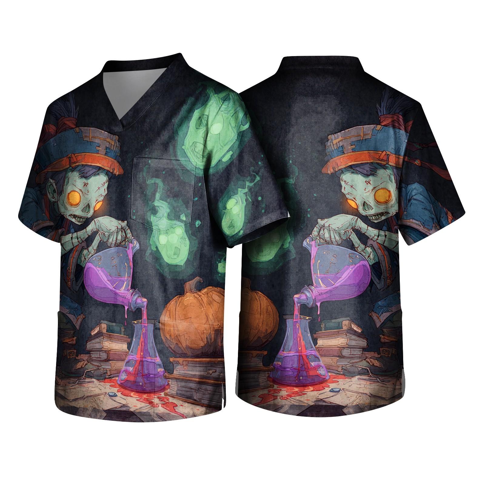 Men s Halloween Printed V-Neck Scrub Top with Pocket, Short Sleeve L