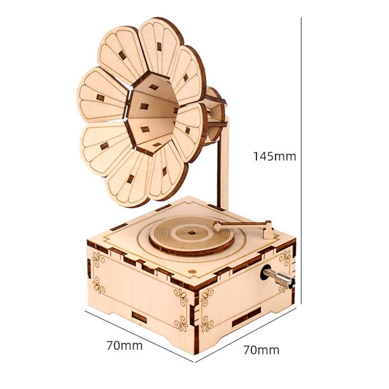 3D Wooden Jigsaw Puzzle Phonograph Music Box, DIY Petal Trumpet Model, Wind-up Music Box, Retro Music Gift Assembly Kit