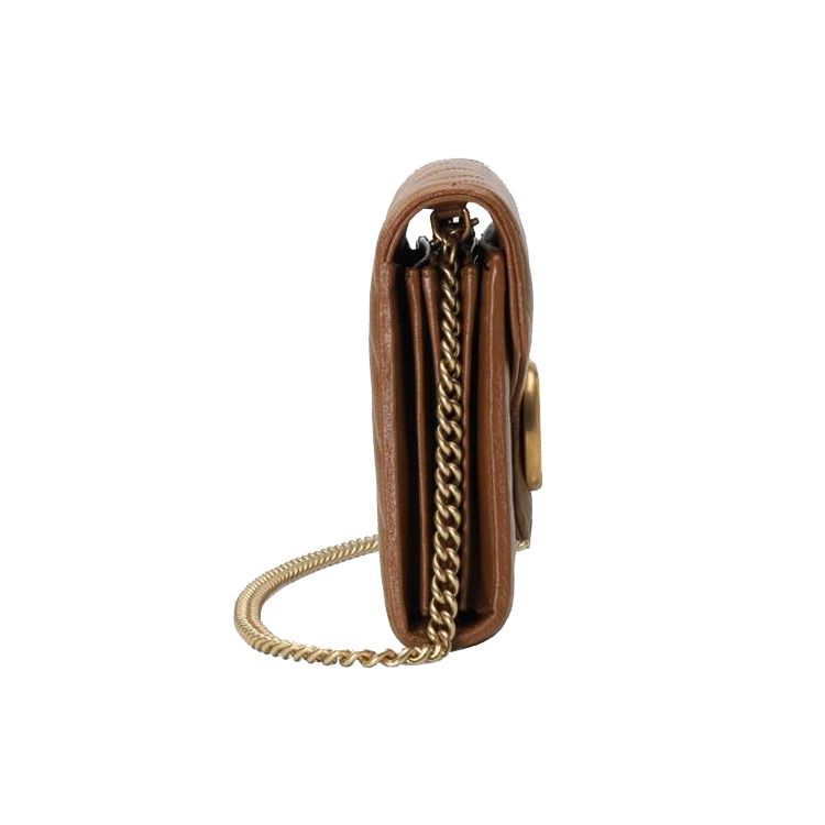 Gucci GG Marmont Brown Leather Chevron Quilted Chain Wallet Crossbody Bag For Women Daily Use