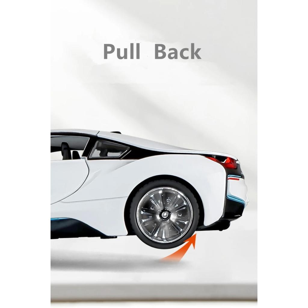 1/22 BMW I8 New Energy Car Alloy Sports Car Model Diecast Metal Racing Car Vehicles Model Simulation Sound Light Childrens Toys Gift