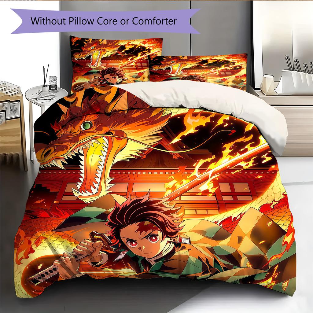 Demon Slayer Kimetsu No Yaiba Pattern Bedding Quilt Set Home Decoration Gift (1 * Duvet Cover + 2 * Pillowcase Without Core)