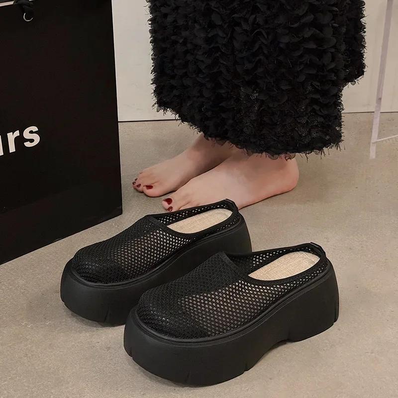 Black Non-slip Platform Female Mesh Breathable Half-toe Slippers Casual Versatile Beach Shoes Slides Women Sandalias 2026